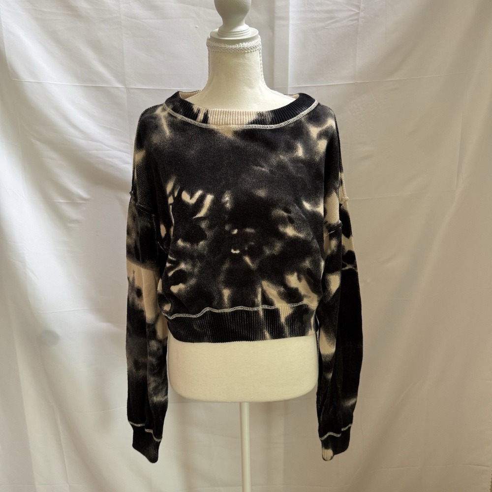 Natural Life Tie Dye Cropped Ribbed Sweatshirt XL Black Cream Cotton